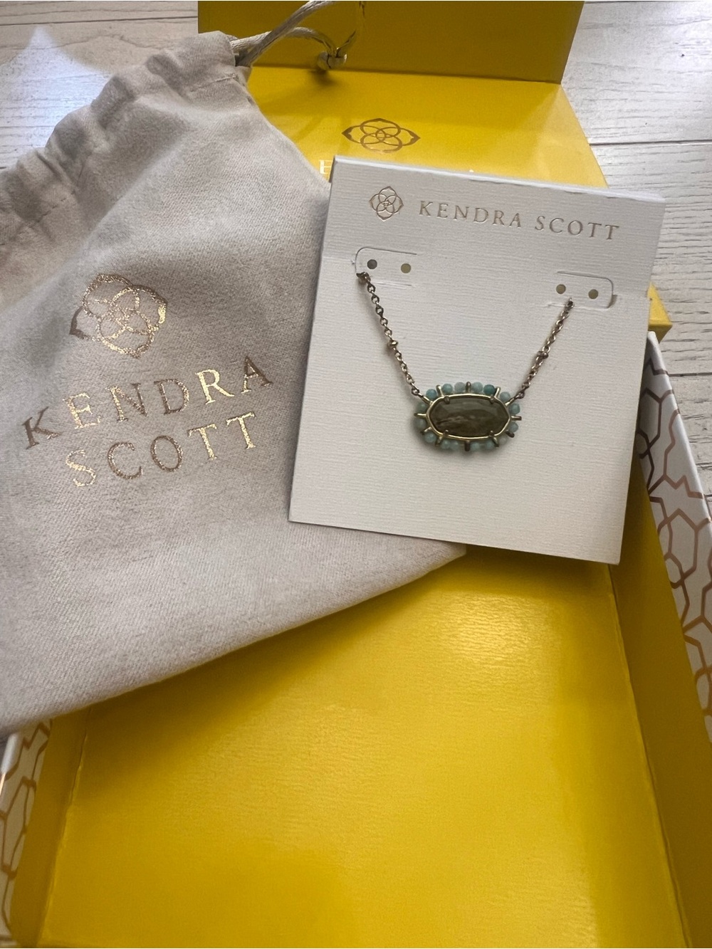 Kendra Scott Olive Green Oval Pendant Necklace with Aqua Accents